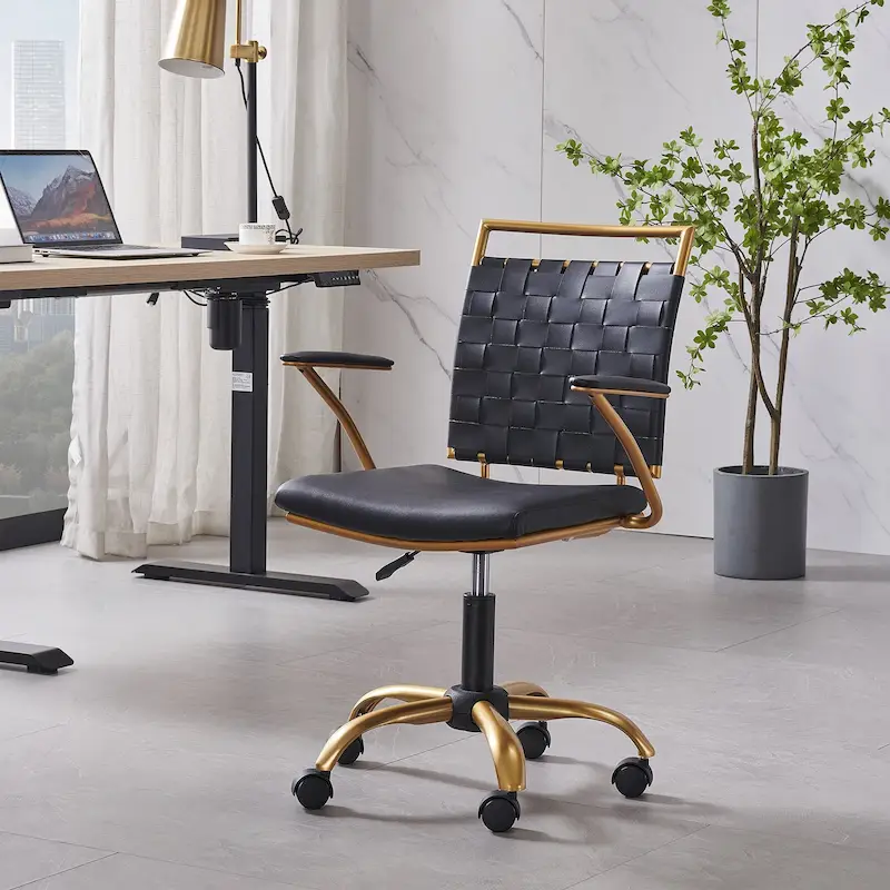 Gold Home Office Desk Chair with Throw Pillow — Glam Accent Chair