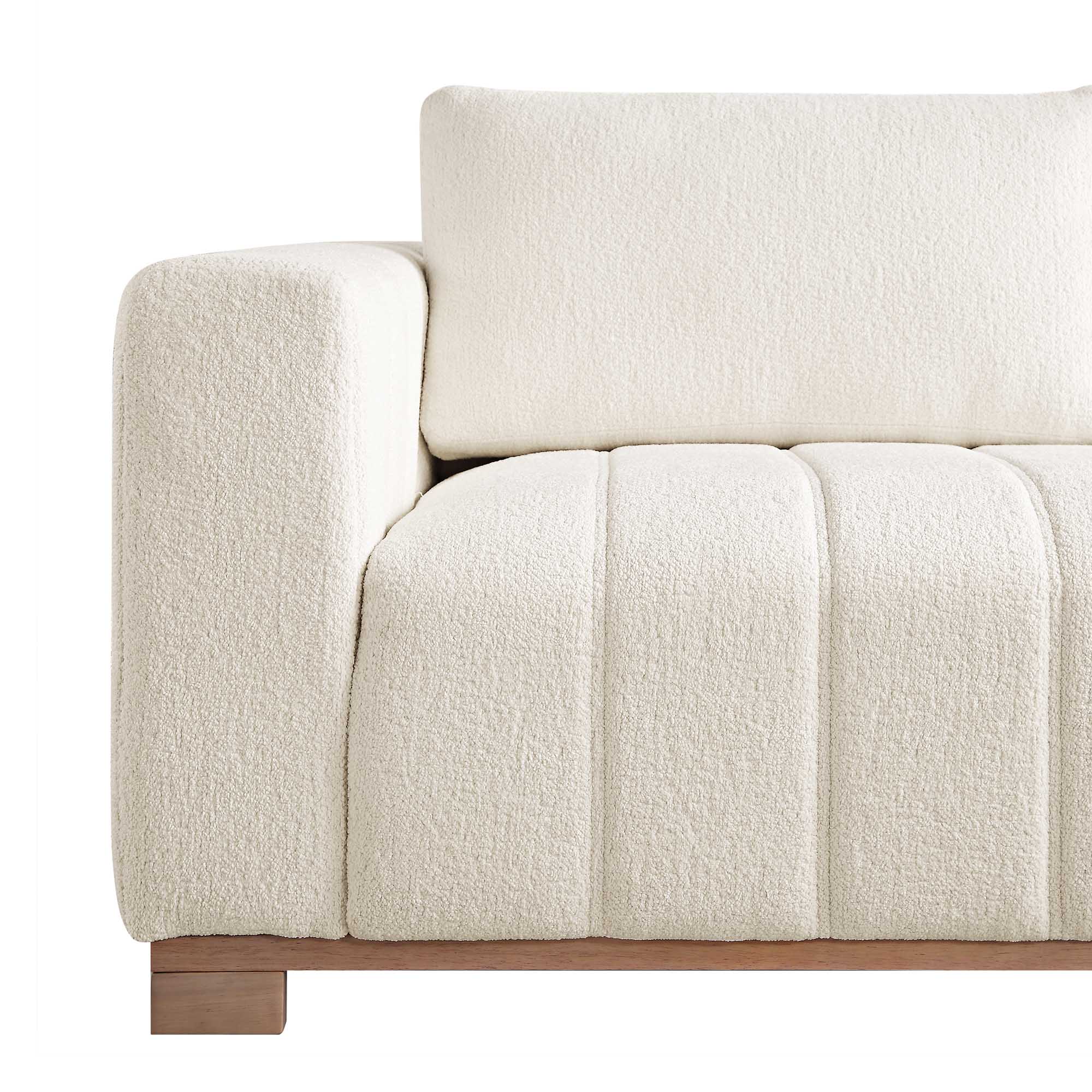 Beige Boucle Sofa with Wooden Base, Large Chaise Right Hand Facing