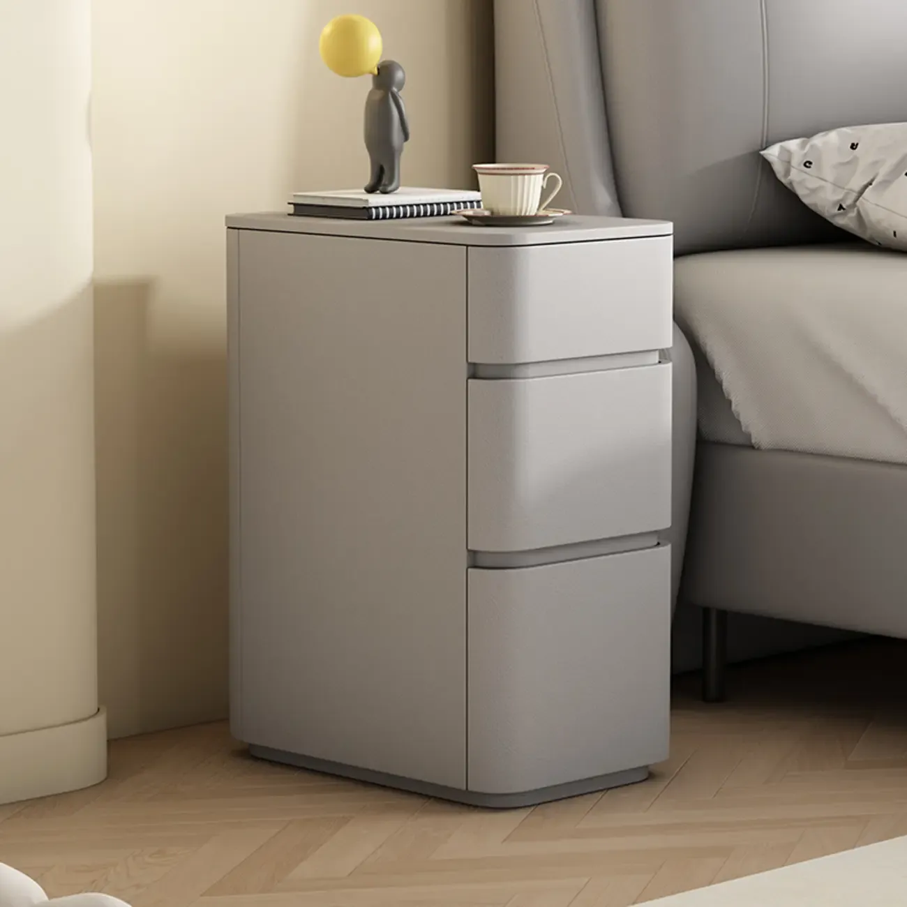 Narrow Leather Wood 3-Drawer Black Nightstand