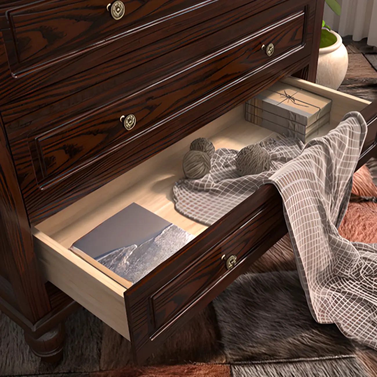 American Country Lacquered Finish Ash Wood 5-Drawer Chest