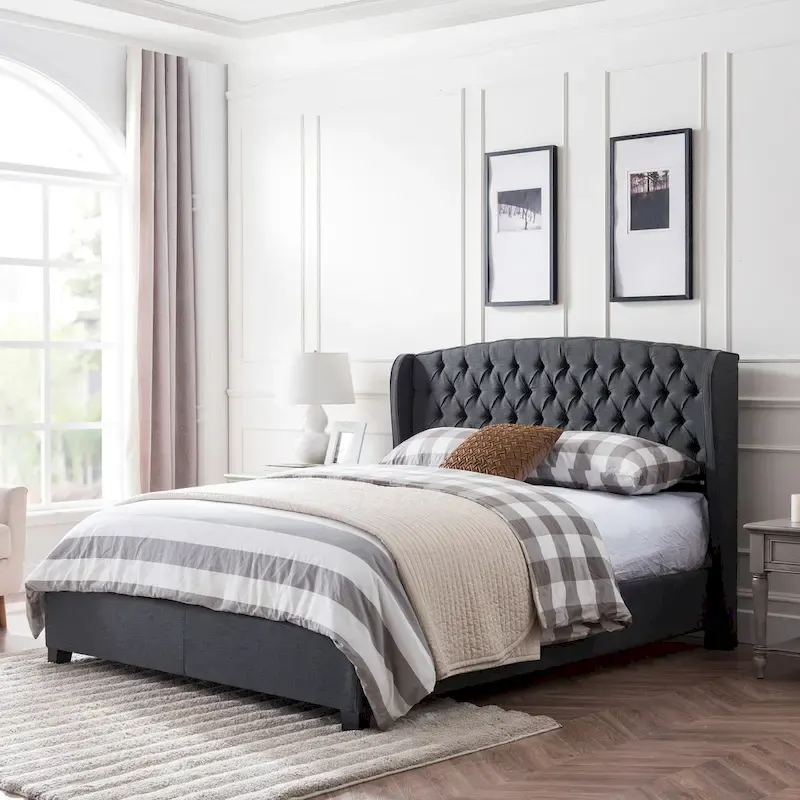 Dark Gray / Light Gray & Dark Brown King Wingback Upholstered Platform Bed – Sleeps 2