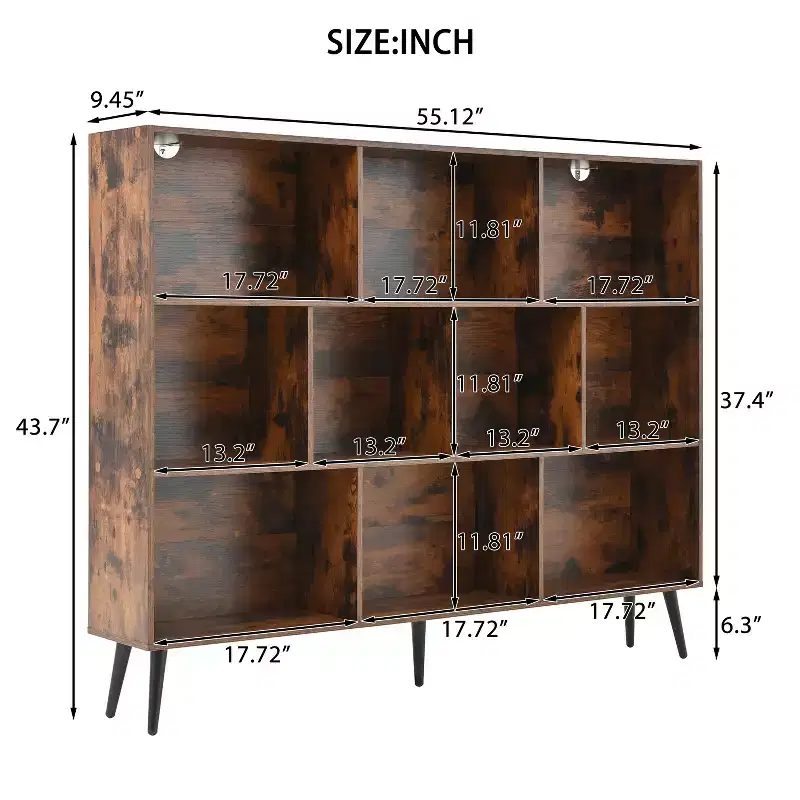 Wooden 10 Cube Bookshelf, 3 Tier Floor Standing Display Cabinet with 5 Iron Legs & Anti-Tip System, Open Display Shelf for Home Office