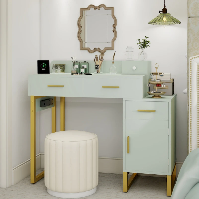 Reversible Makeup Vanity Desk With Charging Station and 4 Wooden Drawers and 1 Cabinet - N/A