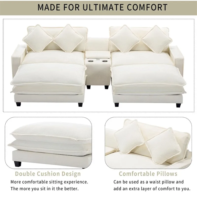 112.6 Chenille Upholstered Sectional Sofa with Two Removable Ottoman