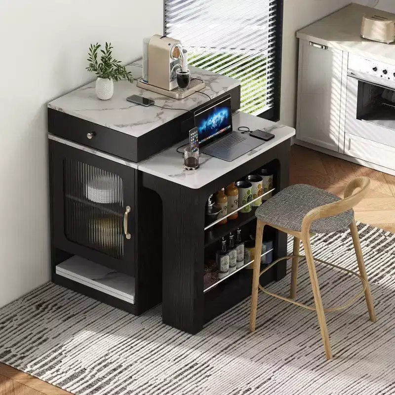 59.5in Kitchen Island with Extendable Dining Storage Table, Double-sided Storage, 2 Drawers, Power Outlet, Side Open Shelves for Dining Room