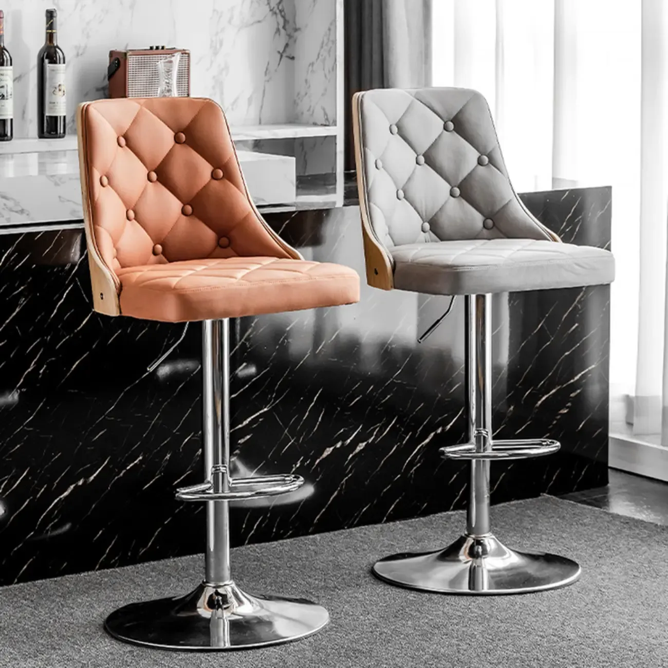 Modern Adjustable Full Back Tufted Leather Bar Stool