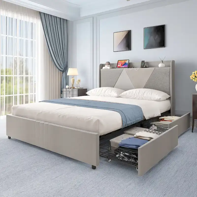 Beige / Grey Wingback Bed Frame with 4 Storage Drawers — Queen & King