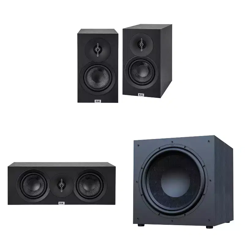 Elac Debut 3.0 Bookshelf Package Black With Debut 15 Inch Subwoofer And Debut Center Channel