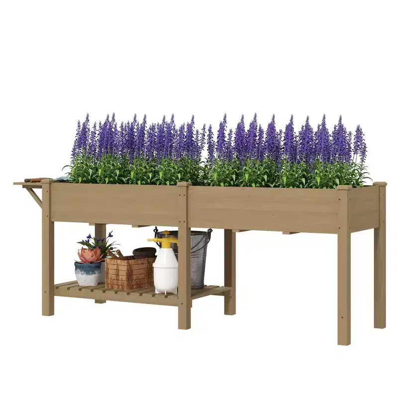 Outsunny Raised Garden Bed, Wood Elevated Planter Box with Side Table, Bottom Shelf, Bed Liners and Drainage Holes