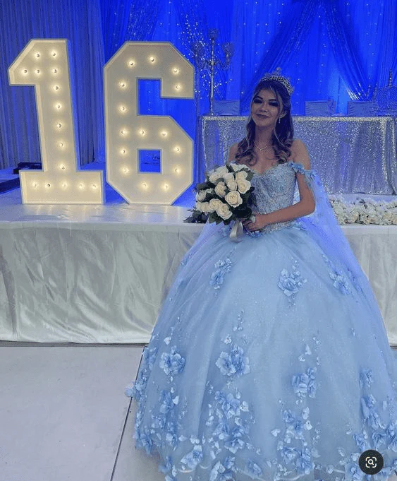 Sky Blue 3D Appliques Off The Shoulder Ball Gown Quinceanera Dresses