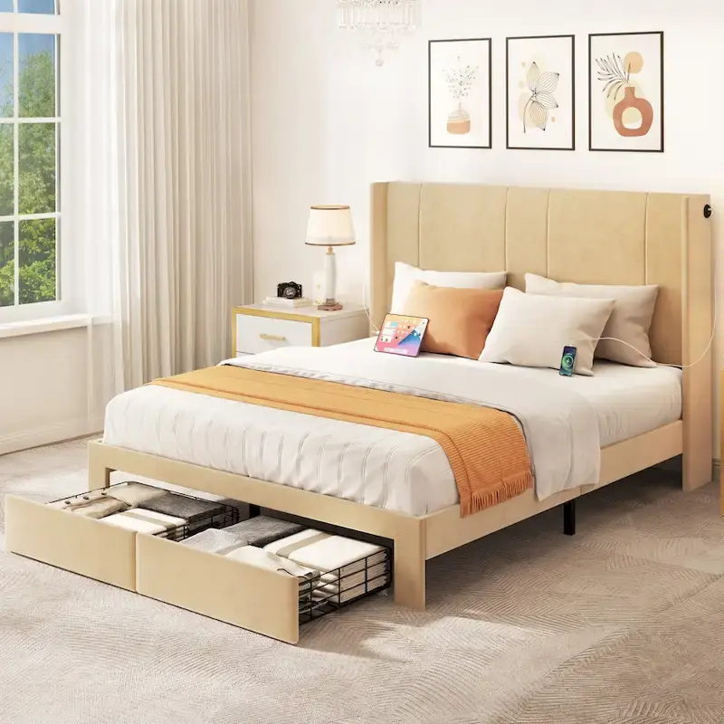 Beige / Grey Queen Upholstered Platform Bed with Storage Drawers & 4 USB Ports, Fits 1–2