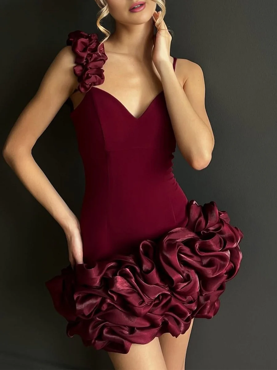 Burgundy - Sheath Spandex Ruched V Neck Homecoming Dresses with Ruffles