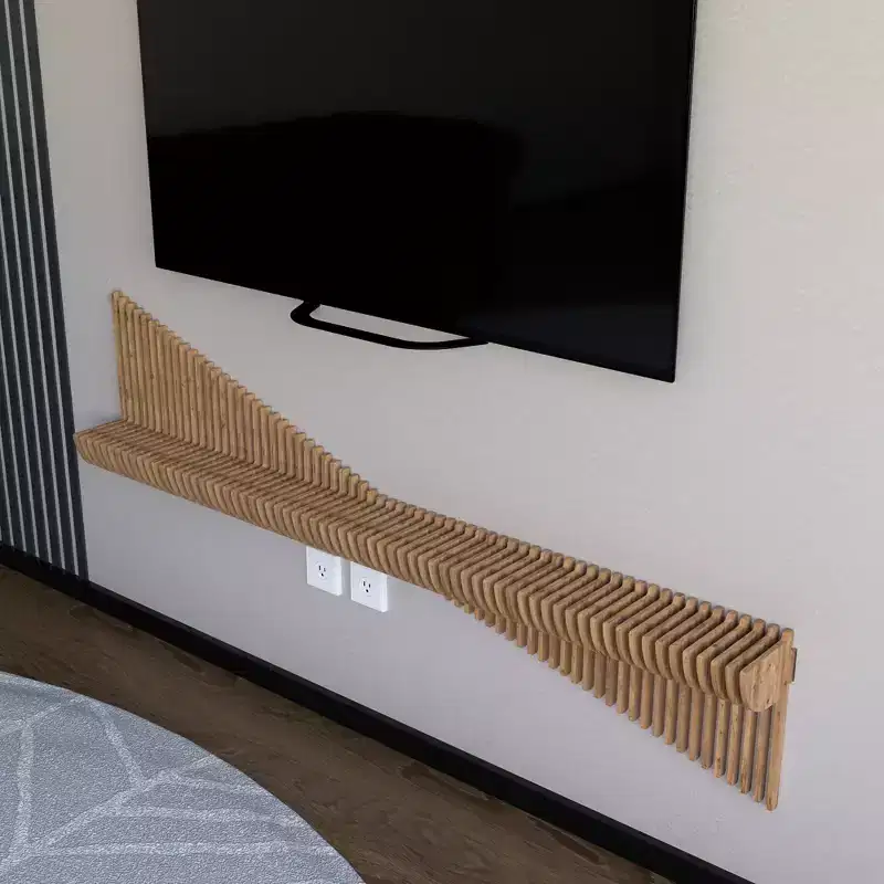 Wear Sierra BATAMEX Parametric 60 inch Floating Shelf TV Unit Modern Geometric Wooden Wall Piece Decor Natural Oak Color 3D Wavy Living Room Shelf