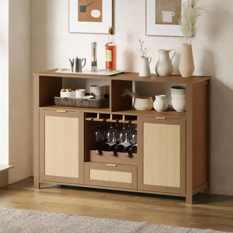 EROMMY Bay Isle Home Bar Cabinet With 2 Rattan Doors, Wine Racks And Drawers For Dining Room And Living Room