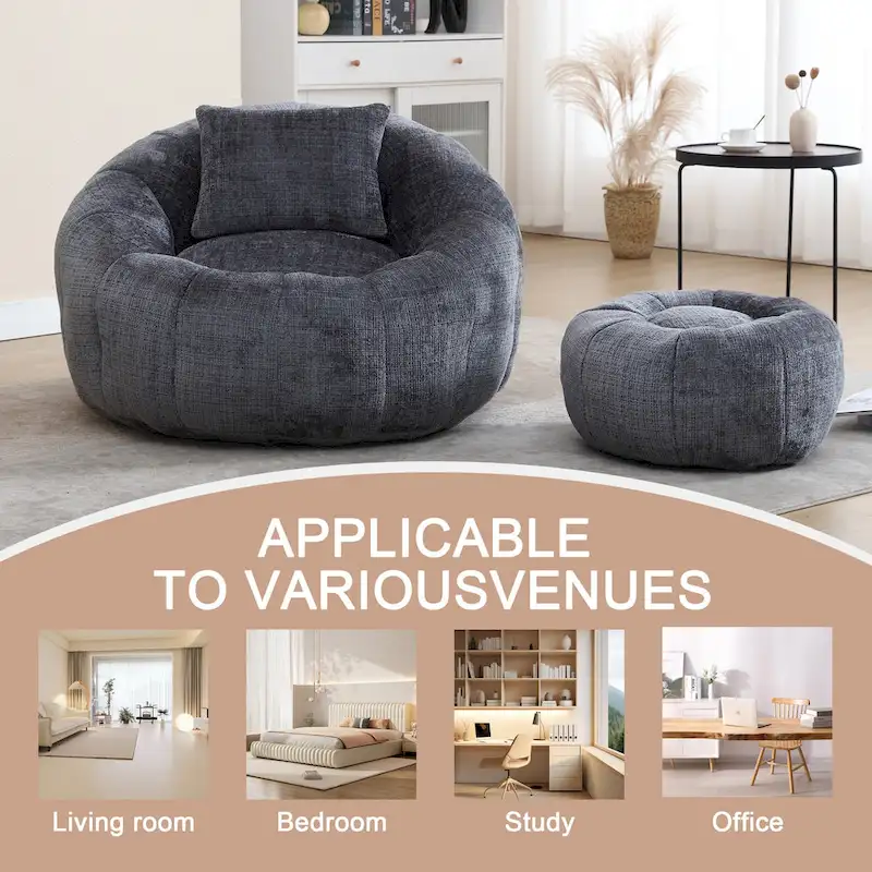 HOMEFUN Chenille Upholstered Round Lazy Cozy Bean Bag Chair with Ottoman and a Pillow