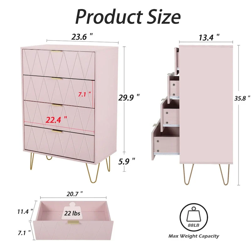 4 Drawers Chest Of Dresser Tall Storage Tower Cabinet with Metal Legs For Bedroom Living Room