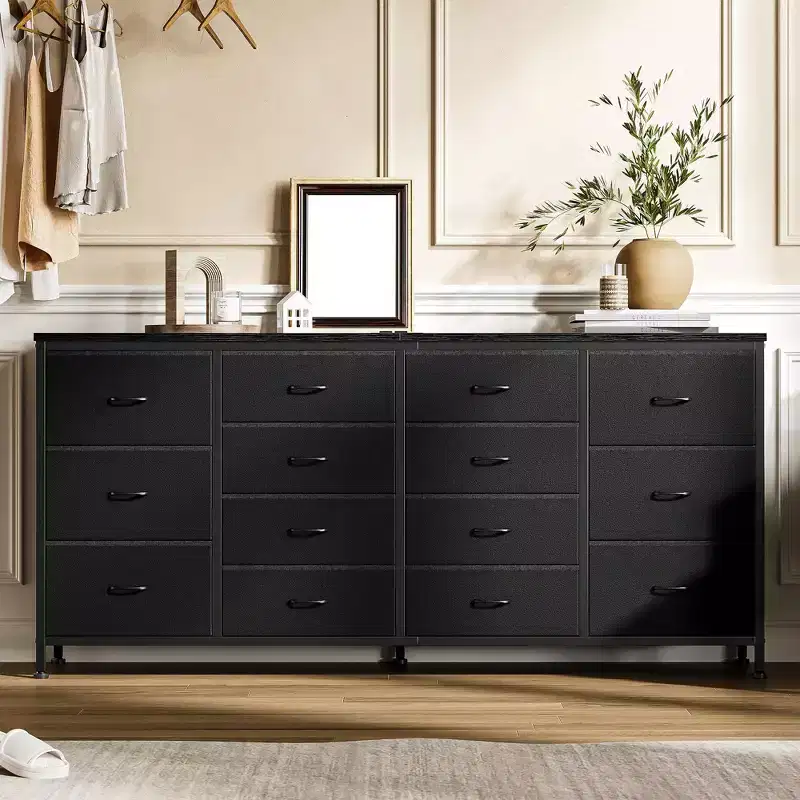 63 Wide Fabric TV Stand with 14 Drawers  Large Entertainment Center for 65-75 Inch TVs with Built-in Power Outlets, for Bedroom Closet Living Room