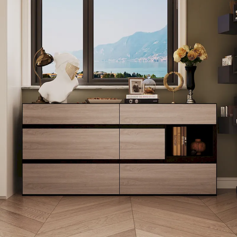 Grey Wood / Black 6-Drawer Dresser with Open Cubby, Single-Person Assembly