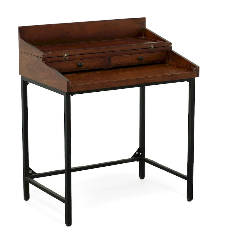 Solid Mango Wood Writing Desk with 2 Drawers - Chestnut/Black