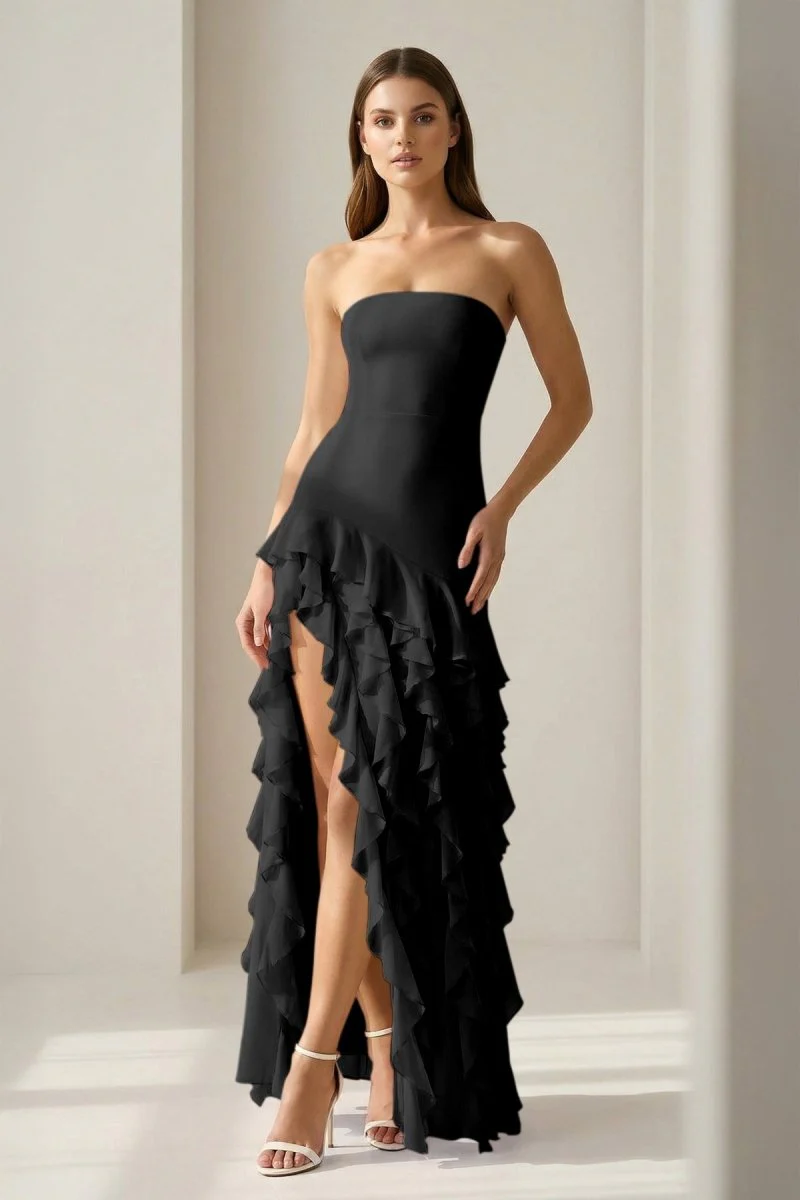 Pink Sheath Strapless Chiffon Long Prom Dresses With Ruffles