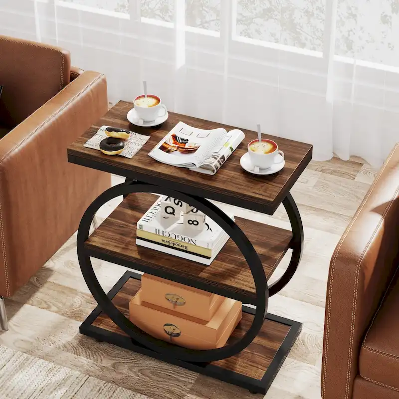 Industrial 3-Shelf Narrow End Table – Brown / Grey / Oak / Yellow