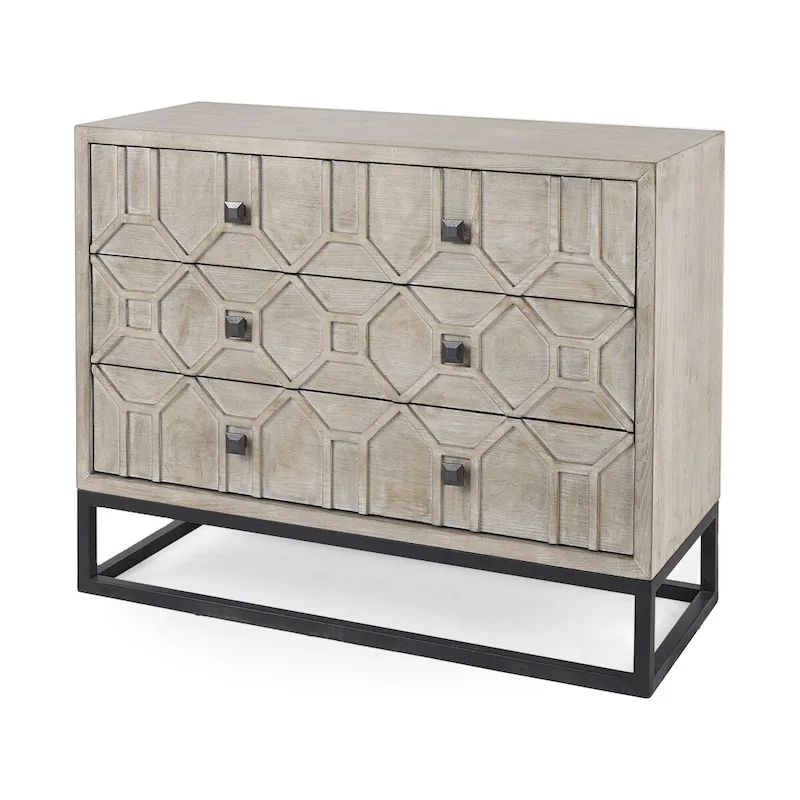 3-Drawer Accent Cabinet with Metal Frame - Geometric Pattern Design (Gray/Light Brown)