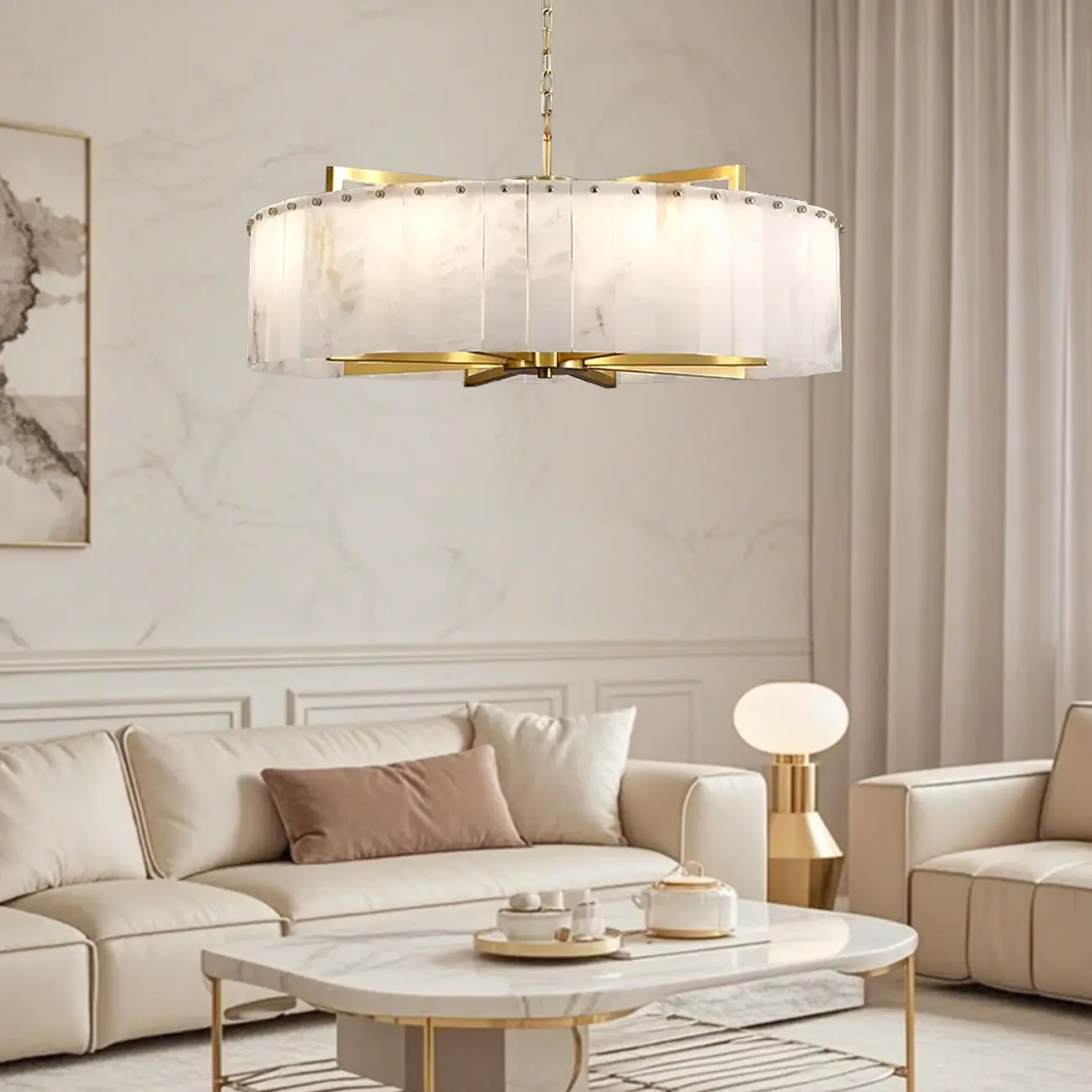 Adjustable Round Marble Chandelier with Sheet Lampshade