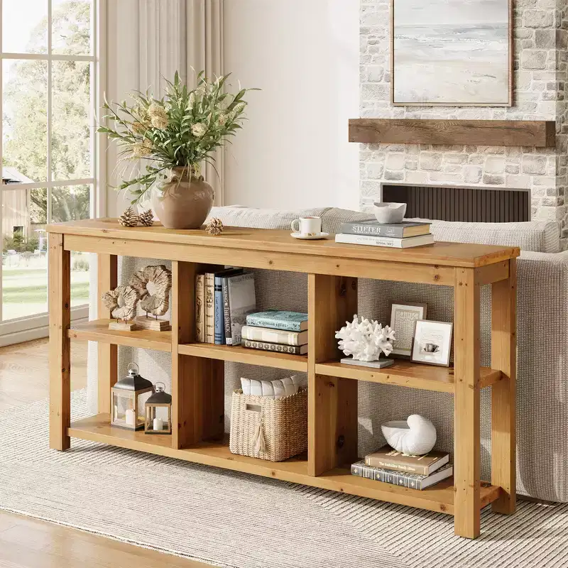 Lantine 63-Inch Solid Wood Console Table, 3-Tier Farmhouse Sofa Table Entryway Table with 6 Storage Cubes for Living Room, Hallway