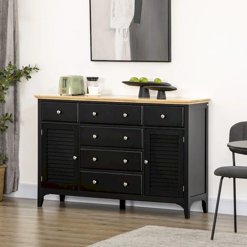 HOMCOM Modern Sideboard with Drawers, Buffet Cabinet with Storage Cabinets, Rubberwood Top and Adjustable Shelves, White