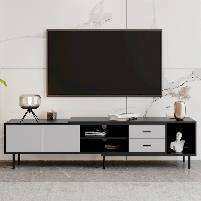 Grey & Black 70.8 in TV Stand with 2 Door Cabinets and 3 Open Shelves – Fits TVs up to 80 in