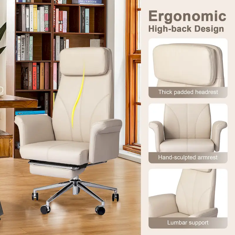 High-Back Office Chair with Footrest and Quilted Design for Adults