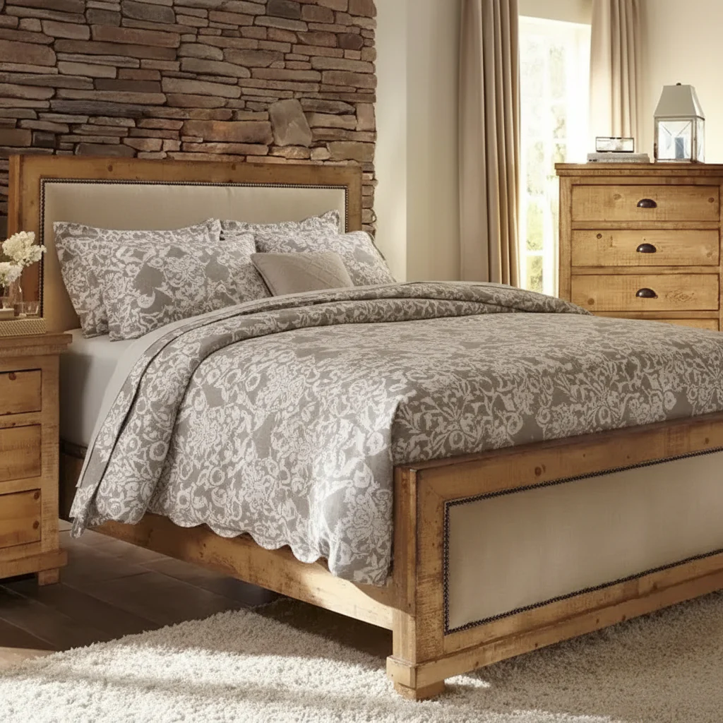 Distressed Upholstered Pine Bed