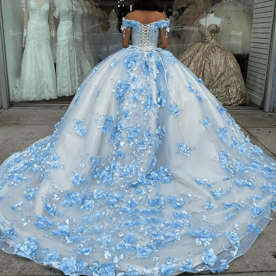 Sky Blue Lace Dress Off The Shoulder 3D Flowers Quinceanera Dresses
