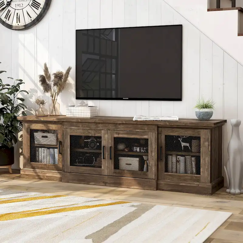 Rustic Reclaimed Oak TV Stand – 6 Shelves, 4 Mesh Door Cabinets, Fits up to 60