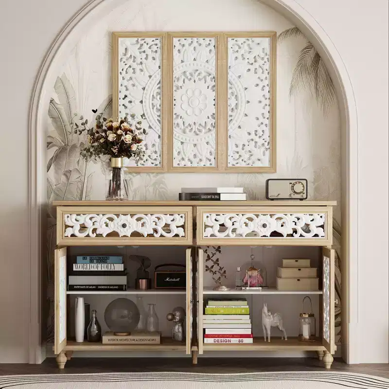 Famapy Wood Bookshelf Bookcase Carved Sideboard Display Cabinet with White Cutout Doors & Matching Wall Panel Entryway Storage Console Dresser