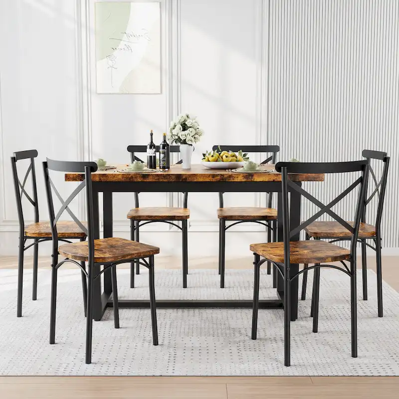Modern Style 7-Piece Dining Set with Rectangular Table and 6 Cross Back Dining Chairs