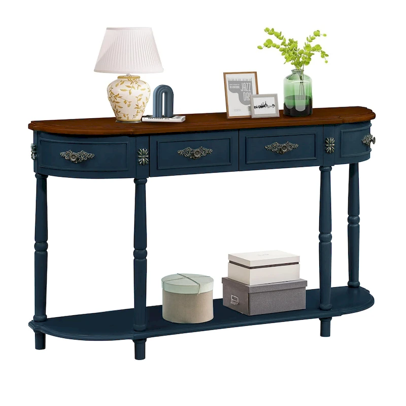 52 inch Circular Half Moon Sofa Table with Open Shelf and 2 Drawers