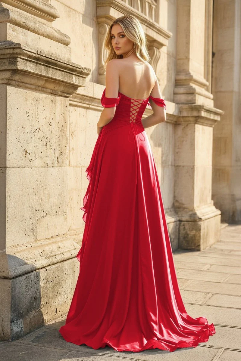 Peacock Off The Shoulder A Line Chiffon Pleated Long Prom Dresses With Slit