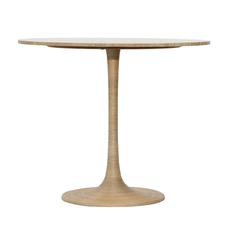Natural Square Travertine Top Bistro Dining Table with Iron Frame & Rattan Accents, for 2 People