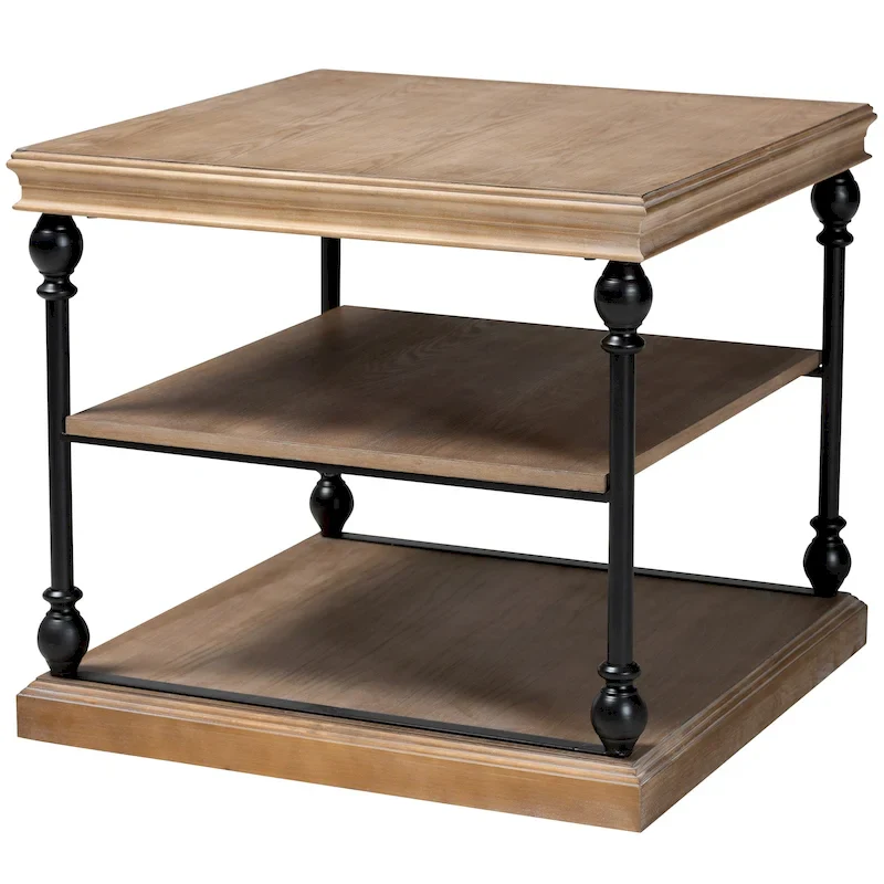 Greywashed / Oak Brown & Black Industrial 3-Tier Square End Table with Metal Frame & Wood Shelves, 1-Person