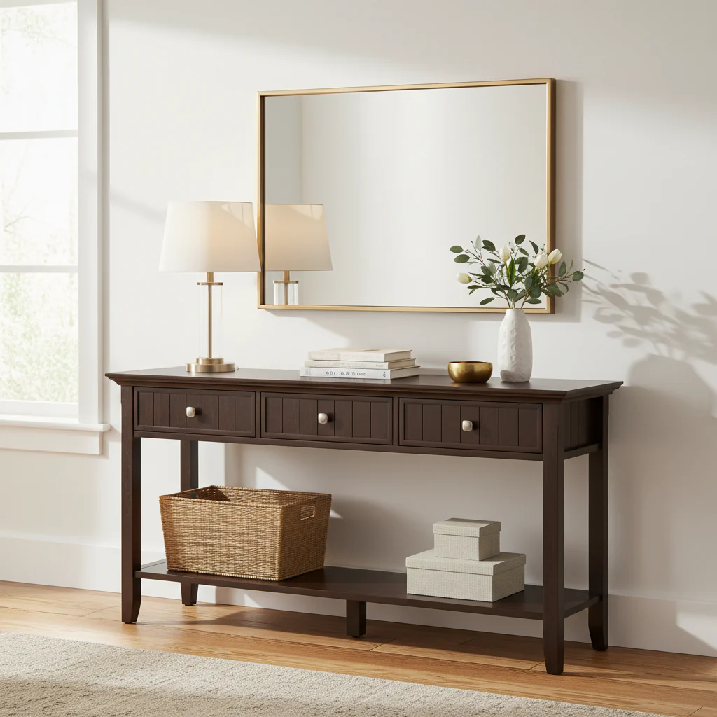 60-Inch Solid Wood Console Table with 3 Drawers (Tobacco Brown/Brunette Brown)