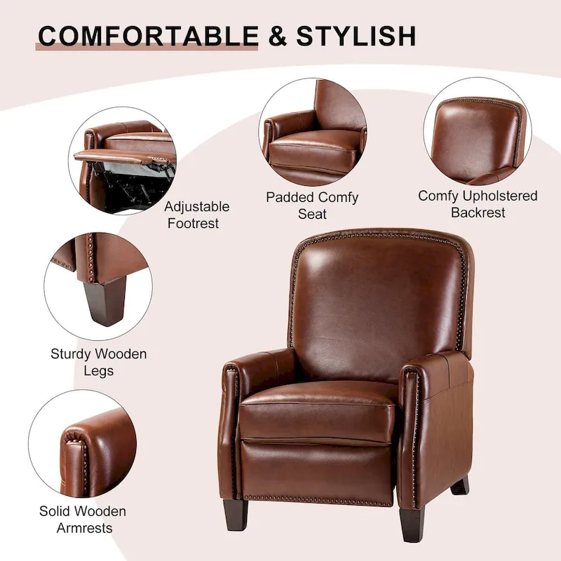 Modern Retro Genuine Leather Recliner with Nailhead Trim & Wooden Frame