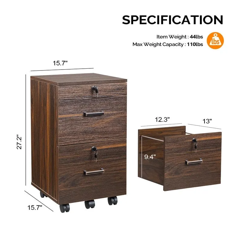 2-Drawer Rolling Wood File Cabinet with Lock