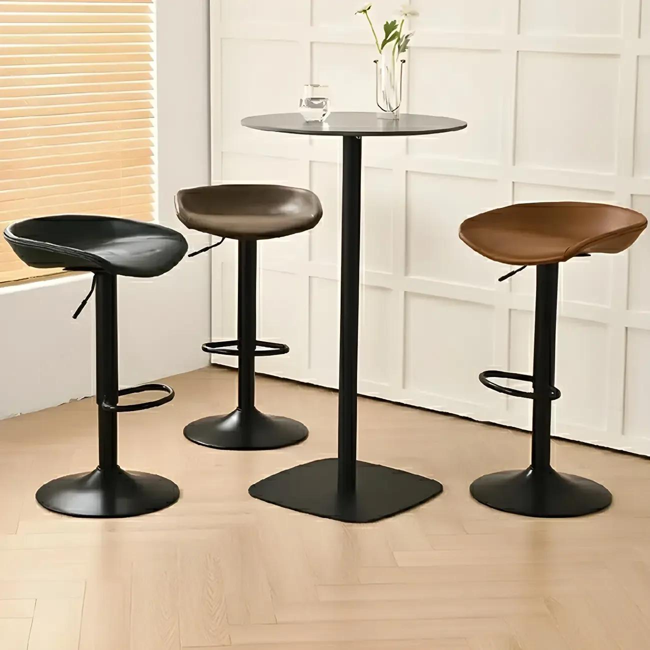 Modern Leather Black Pedestal Swivel Adjustable Bar Stool