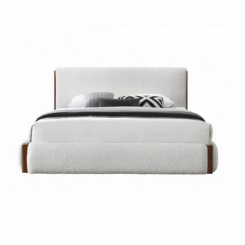 Fedro Queen Bed, Low Profile, White Boucle Upholstery, Walnut Brown