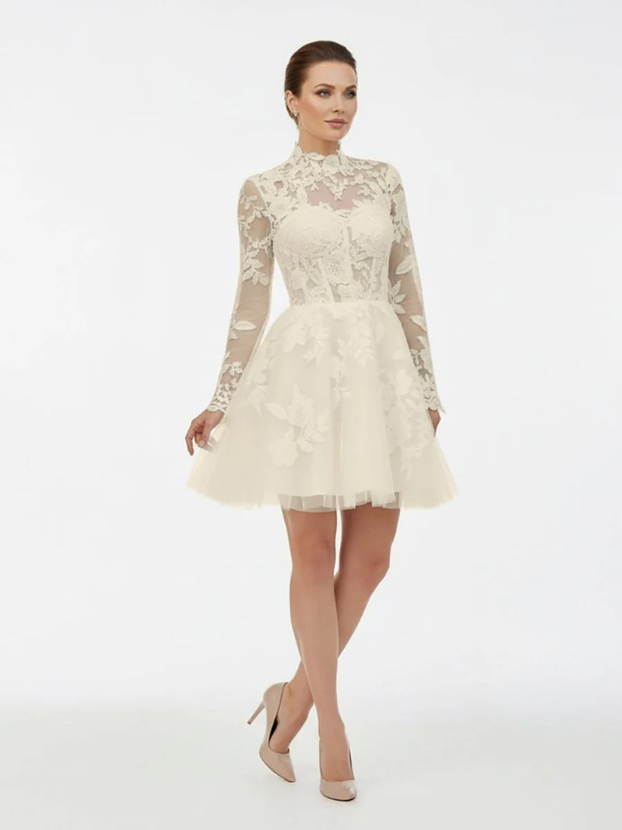 Short White A-Line Illusion Neck Long Sleeves Lace Wedding Dresses