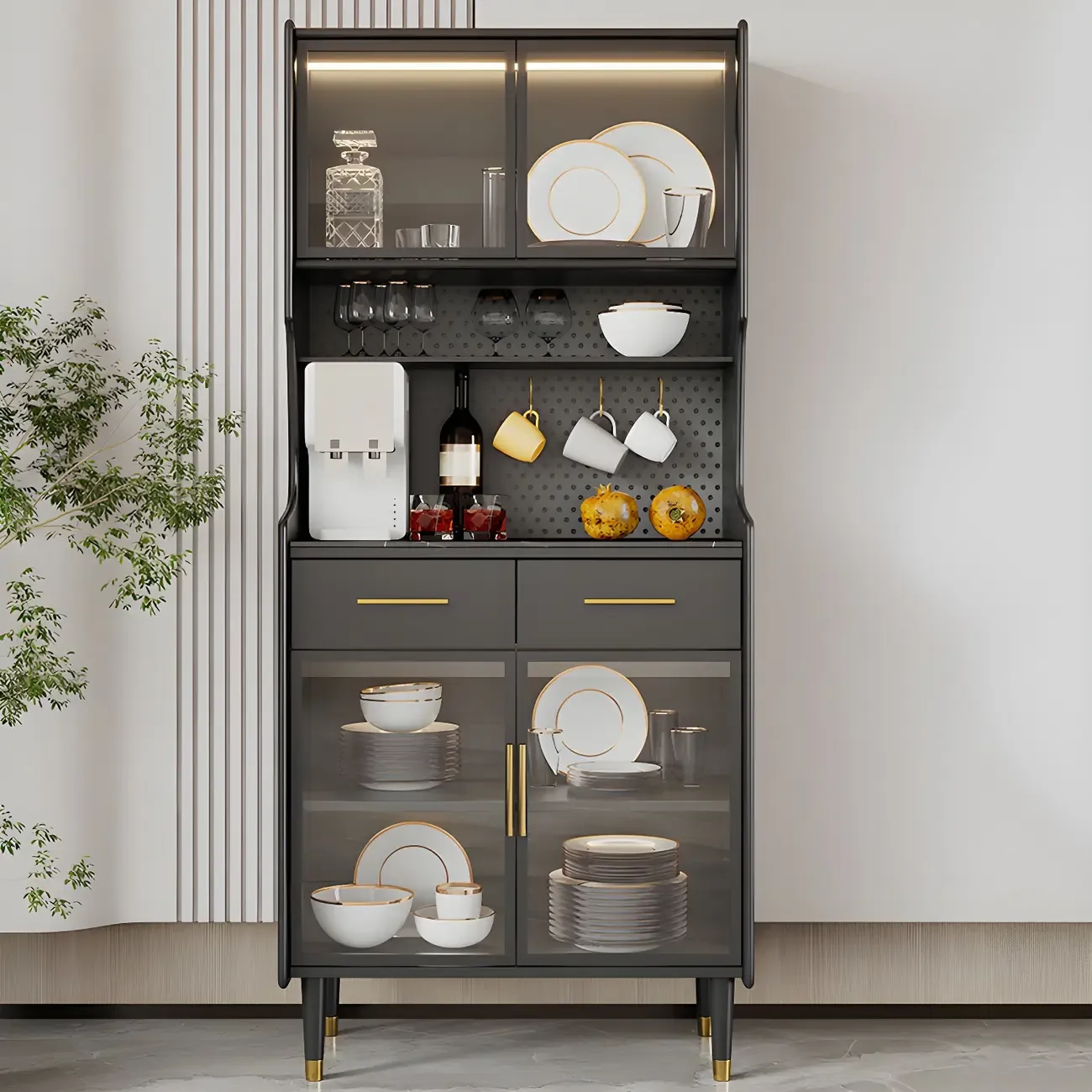 Kitchen Black Wood Dining Hutch Cabinet with Glass Doors