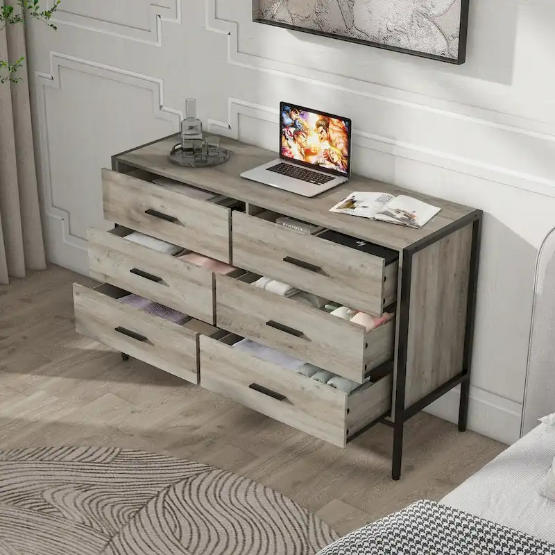 Grey 6-Drawer Wood Dresser for Bedroom, 1-Person Assembly