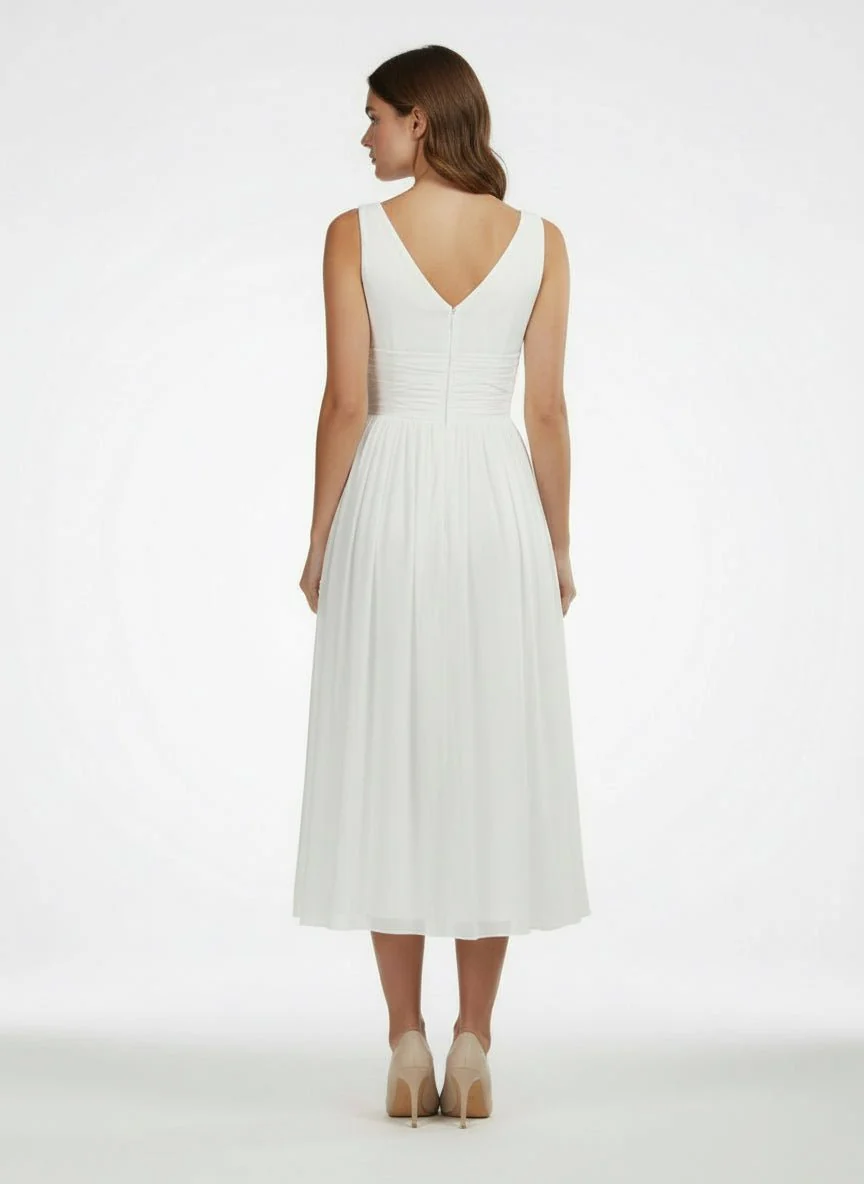 V-Neck Sleeveless Tea-Length Chiffon Wedding Dress With Ruching And Low-V Back