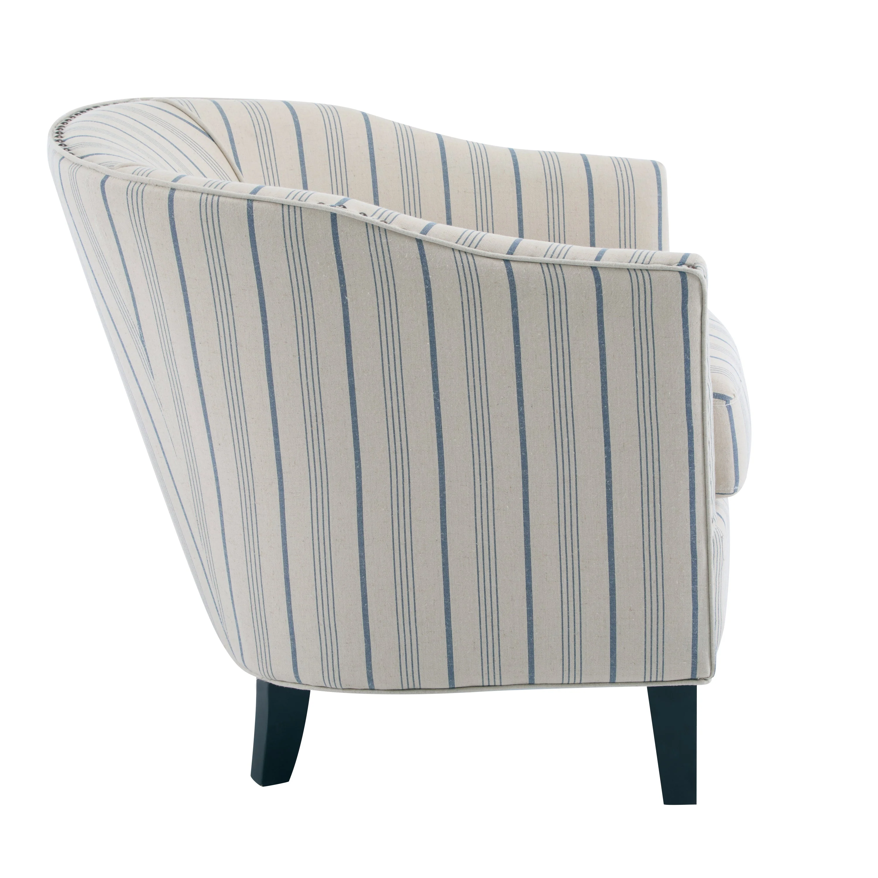 Striped Club Chair with Brass Stud Accents & Birch Wood Legs ¨C Transitional Elegance